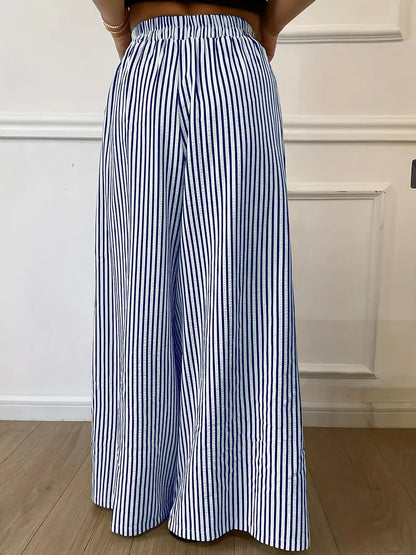 Women's Vertical Striped Wide Leg Pants – Casual Elastic Waist Loose-Fit Trousers