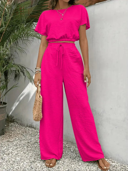 Round Neck Top & Wide Leg Pants Set – Casual Drawstring Two-Piece