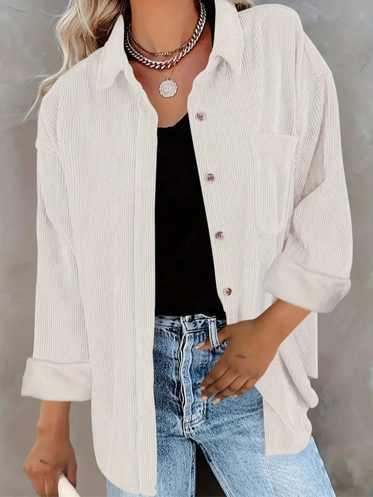 Corduroy Button Collared Blouse – Oversized Long Sleeve Shirt with Pocket