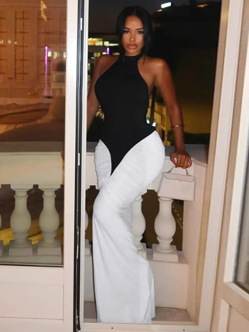 Colour Block Halterneck Bodycon Maxi Dress – Elegant Backless Evening Dress