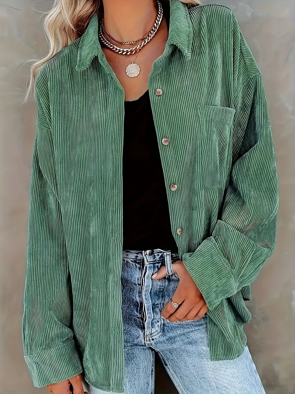 Corduroy Button Collared Blouse – Oversized Long Sleeve Shirt with Pocket