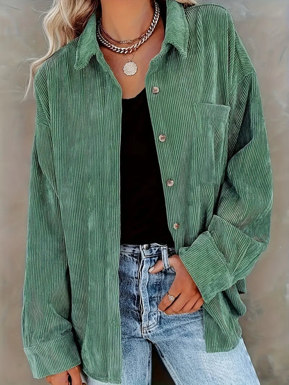 Corduroy Button Collared Blouse – Oversized Long Sleeve Shirt with Pocket