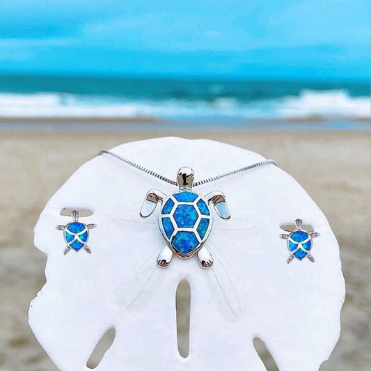Silver & Opal Sea Turtle Necklace and Earring Set