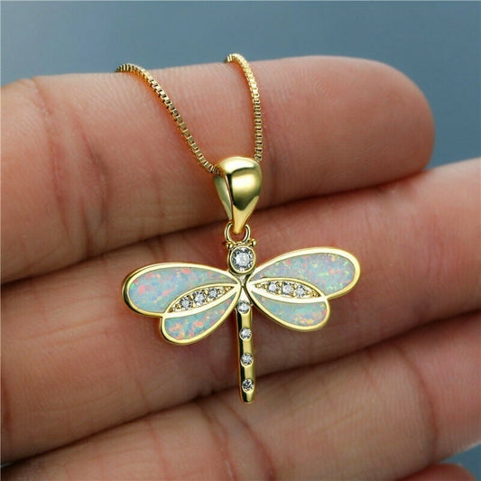 Refined Gold-Plated Necklace with Dragonfly and Opal