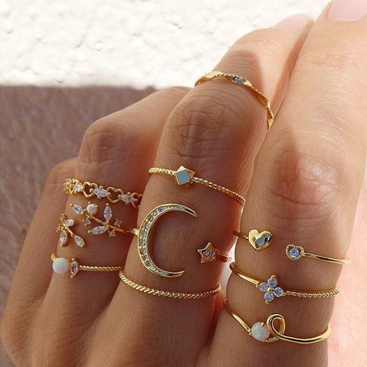 Set of 10 Boho Rings in Silver and Gold-Plated