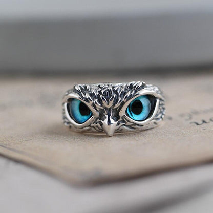Anillo Ajustable de la Suerte con Búho de Plata y Ópalo