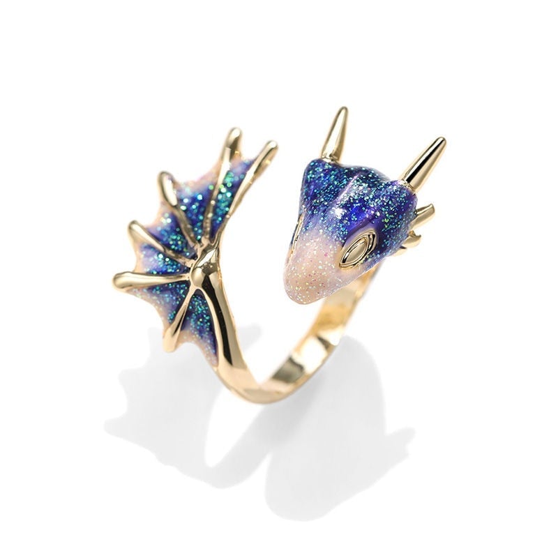 Anillo Ajustable de Dragón en Plata y Esmalte Pintado a Mano