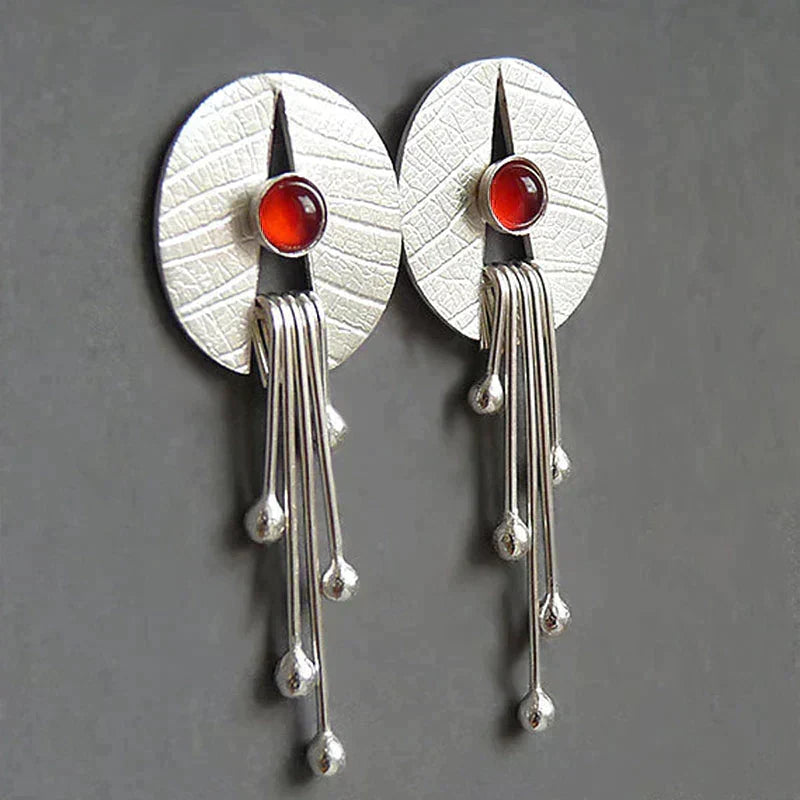 Long Dangle Earrings with Red Stone