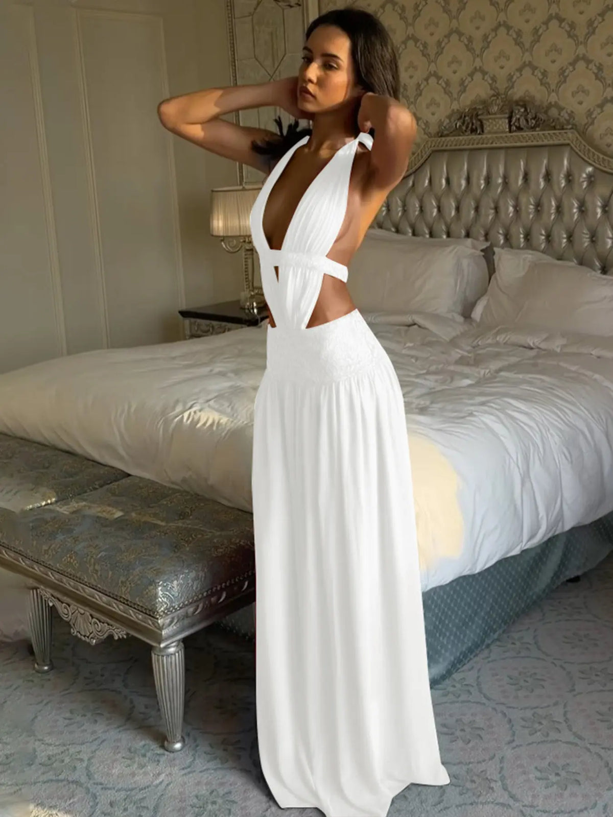 Deep V-Neck Halter Bodycon Dress – Backless Ruched Party Dress