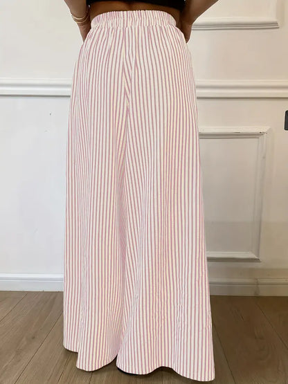 Women's Vertical Striped Wide Leg Pants – Casual Elastic Waist Loose-Fit Trousers