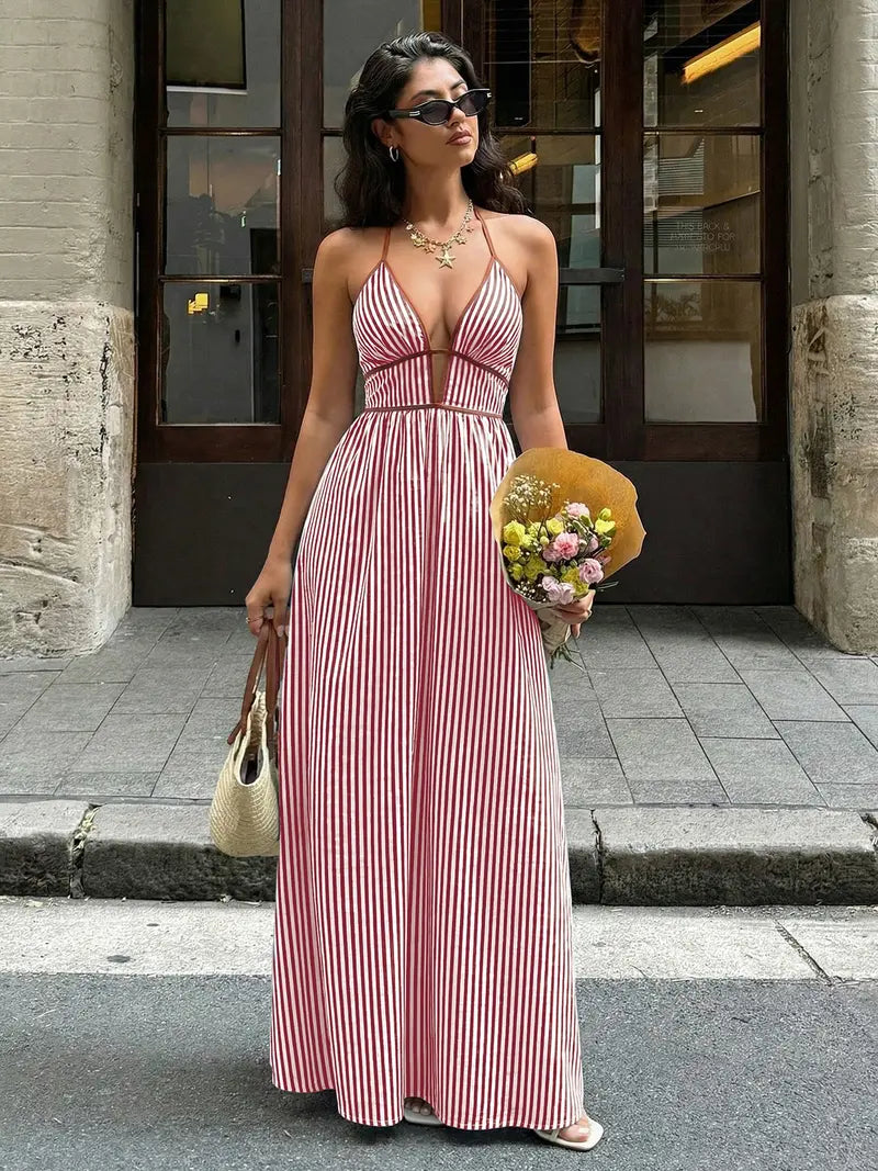 Deep V-Neck Halter Maxi Dress – Backless Evening Gown
