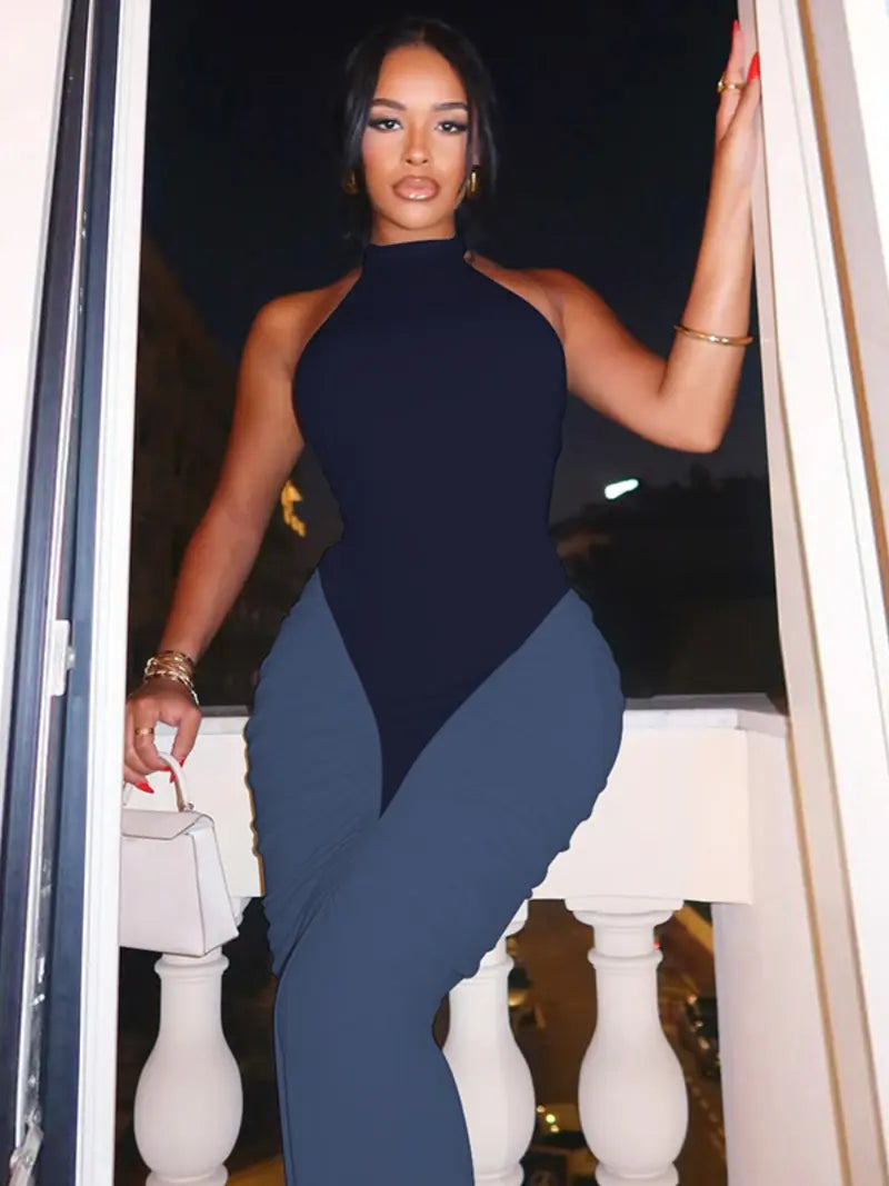 Colour Block Halterneck Bodycon Maxi Dress – Elegant Backless Evening Dress