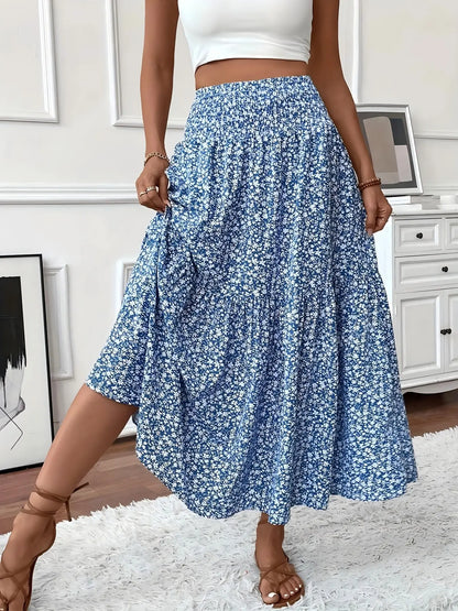 Layered Cake Ditsy Floral Long Skirt – Loose A-Line Elegant Skirt