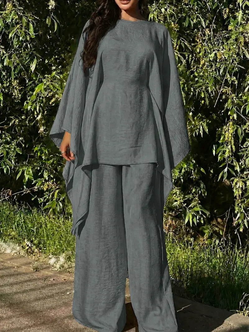 Minimalist 2-Piece Set – Long Hoodie Top & Wide Leg Pants Outfit