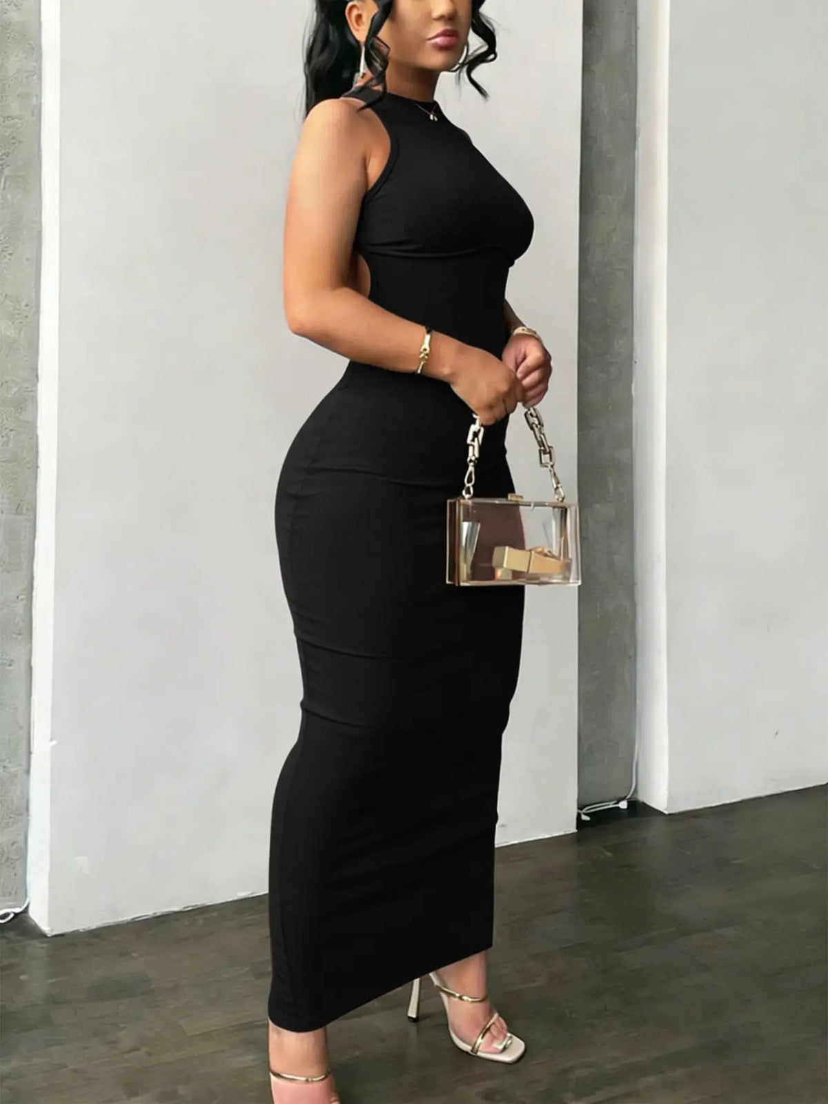 Backless Criss-Cross Bodycon Dress – Round Neck Cutout Long Dress