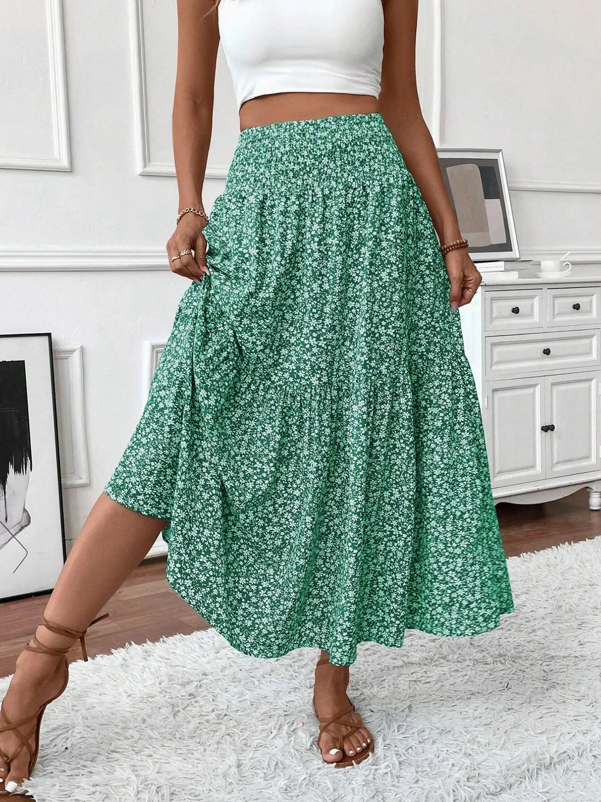 Layered Cake Ditsy Floral Long Skirt – Loose A-Line Elegant Skirt