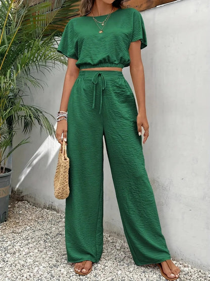 Round Neck Top & Wide Leg Pants Set – Casual Drawstring Two-Piece