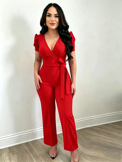 High Waist Belted Puff Sleeve Jumpsuit – Deep V-Neck Wrap Jumpsuit