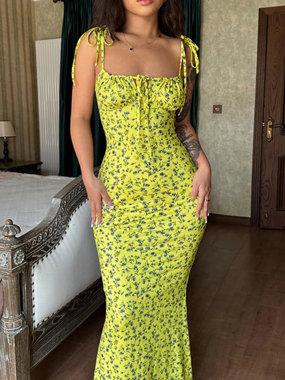 Ditsy Floral Backless Tie-Strap Mermaid Maxi Dress – Chic Bodycon Summer Dress