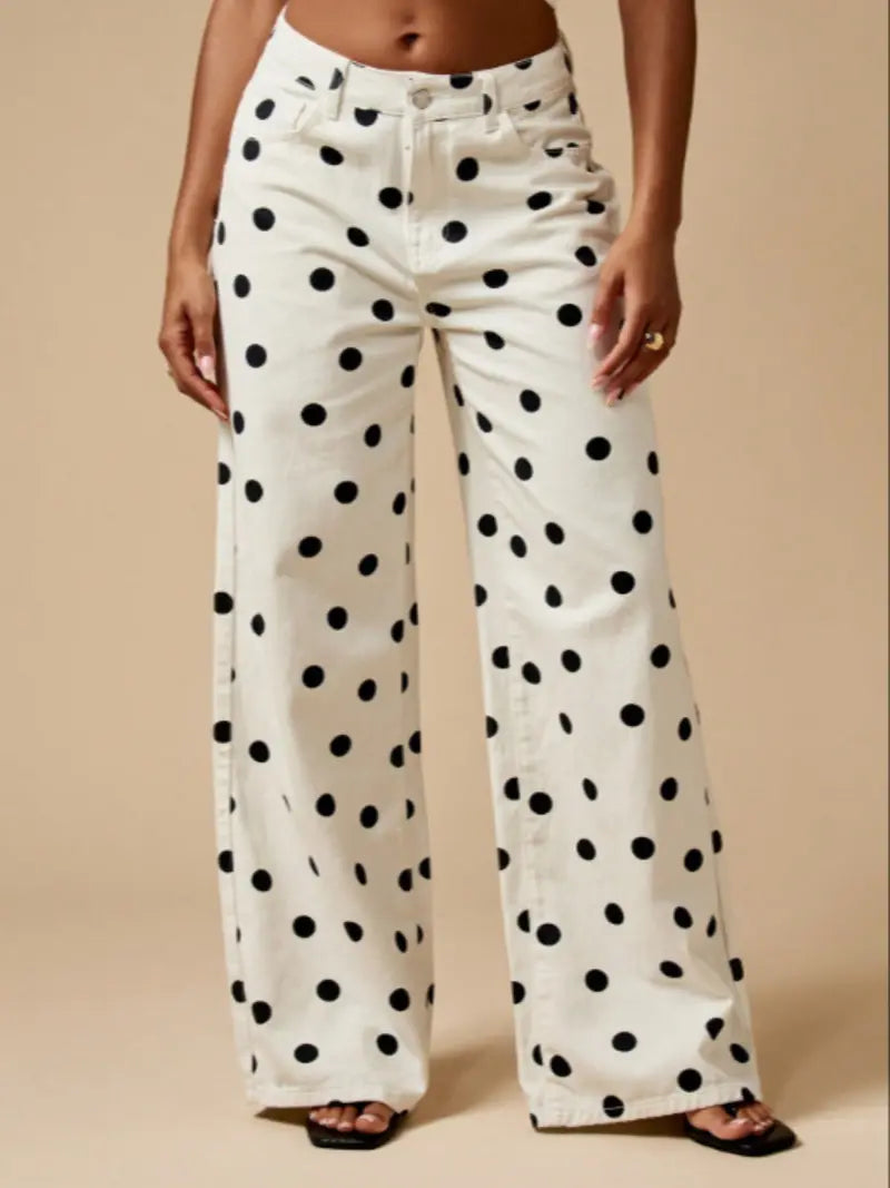 Abstract Polka Dot Wide Leg Pants – High Waist Bohemian Trousers with Pockets