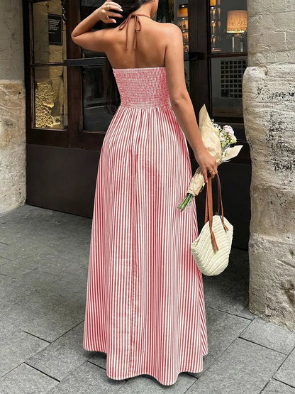 Deep V-Neck Halter Maxi Dress – Backless Evening Gown