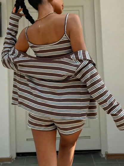 Striped Knit 3-Piece Set – Casual Tank Top, Jacket & Shorts Outfit