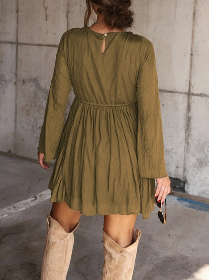 V-Neck Long Sleeve Mini Dress with Pants Lining – Vintage Chic Dress
