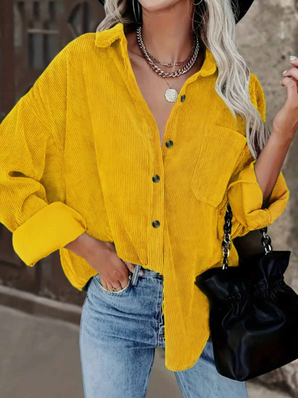 Corduroy Button Collared Blouse – Oversized Long Sleeve Shirt with Pocket