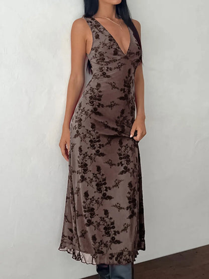 Deep V-Neck Floral Knit A-Line Dress – Elegant Bodycon Long Dress