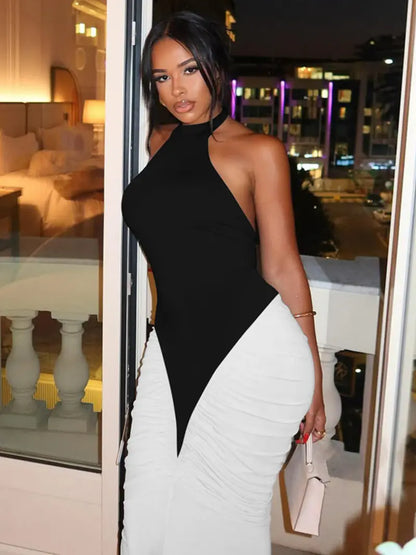Colour Block Halterneck Bodycon Maxi Dress – Elegant Backless Evening Dress