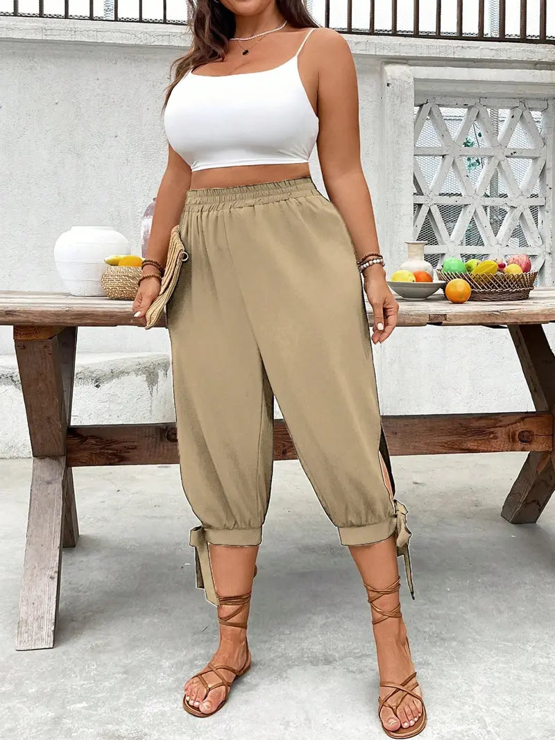 Wide-Leg Capri Pants - Casual Elastic Waist Trousers with Side Slit & Bow Detail
