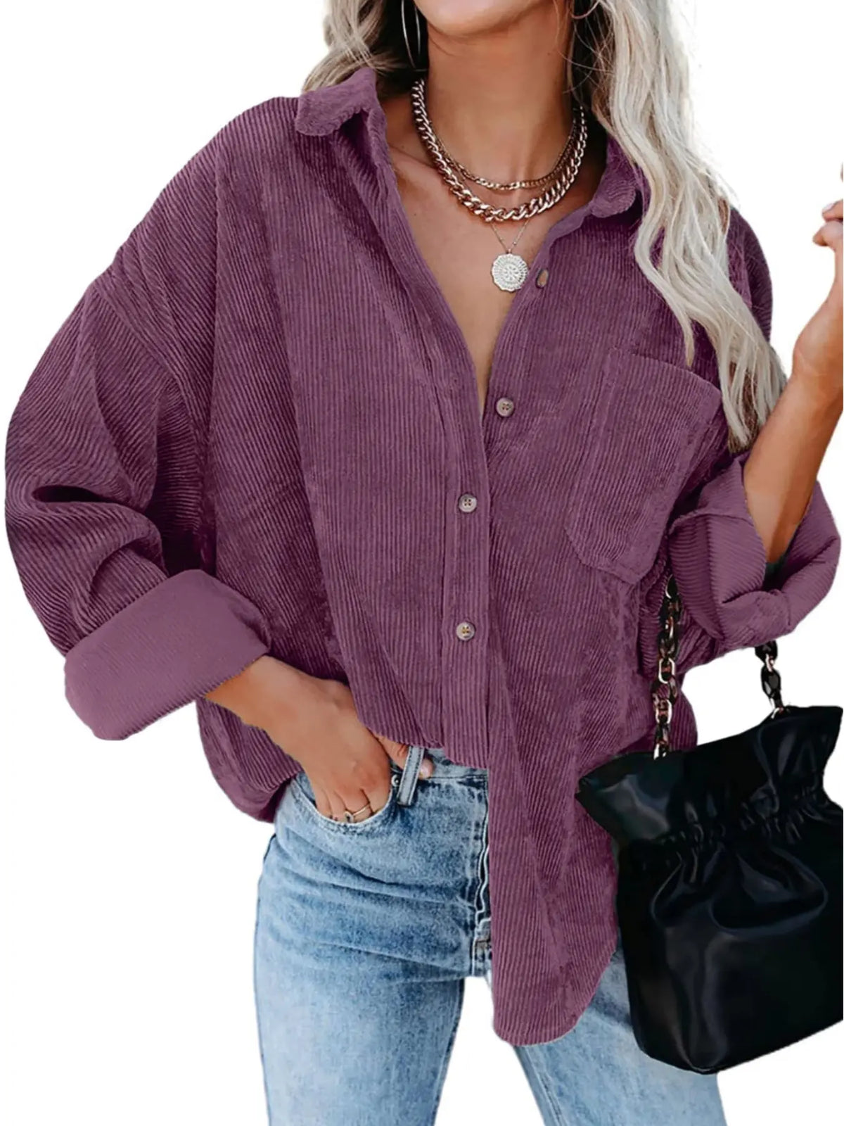 Corduroy Button Collared Blouse – Oversized Long Sleeve Shirt with Pocket