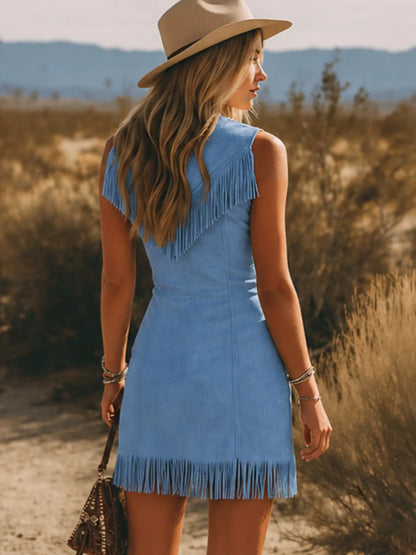 Boho Fringe Faux Suede Zip Front Dress – Western Cowgirl Bodycon Dress