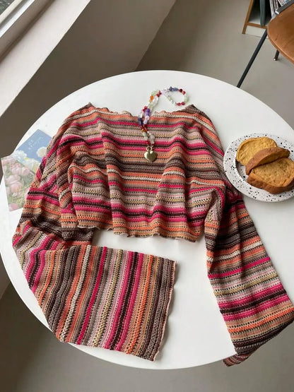 Colourful Striped Knit Top – Textured Flare Sleeve Pullover