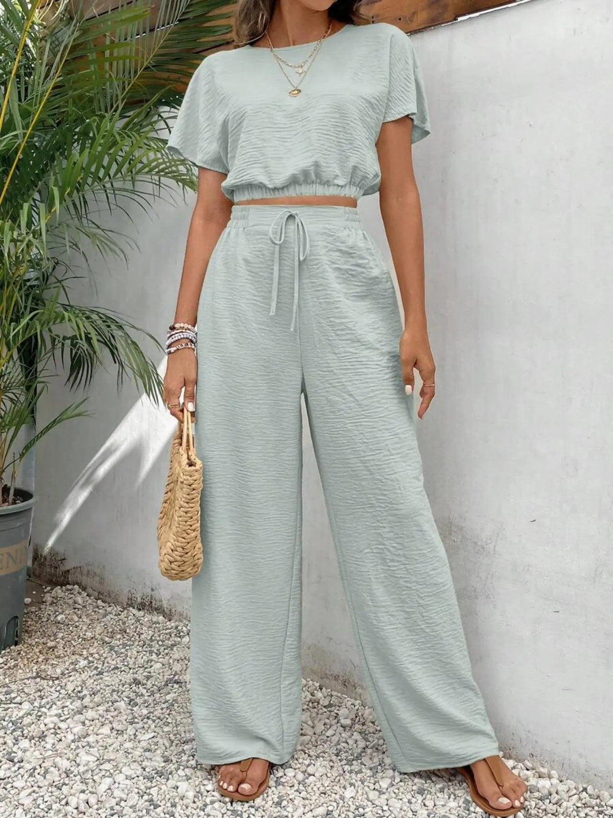 Round Neck Top & Wide Leg Pants Set – Casual Drawstring Two-Piece