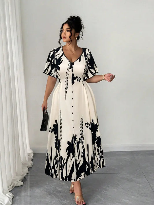Floral Print A-Line Dress - Elegant V-Neck Waist-Cinching Dress with Button Details