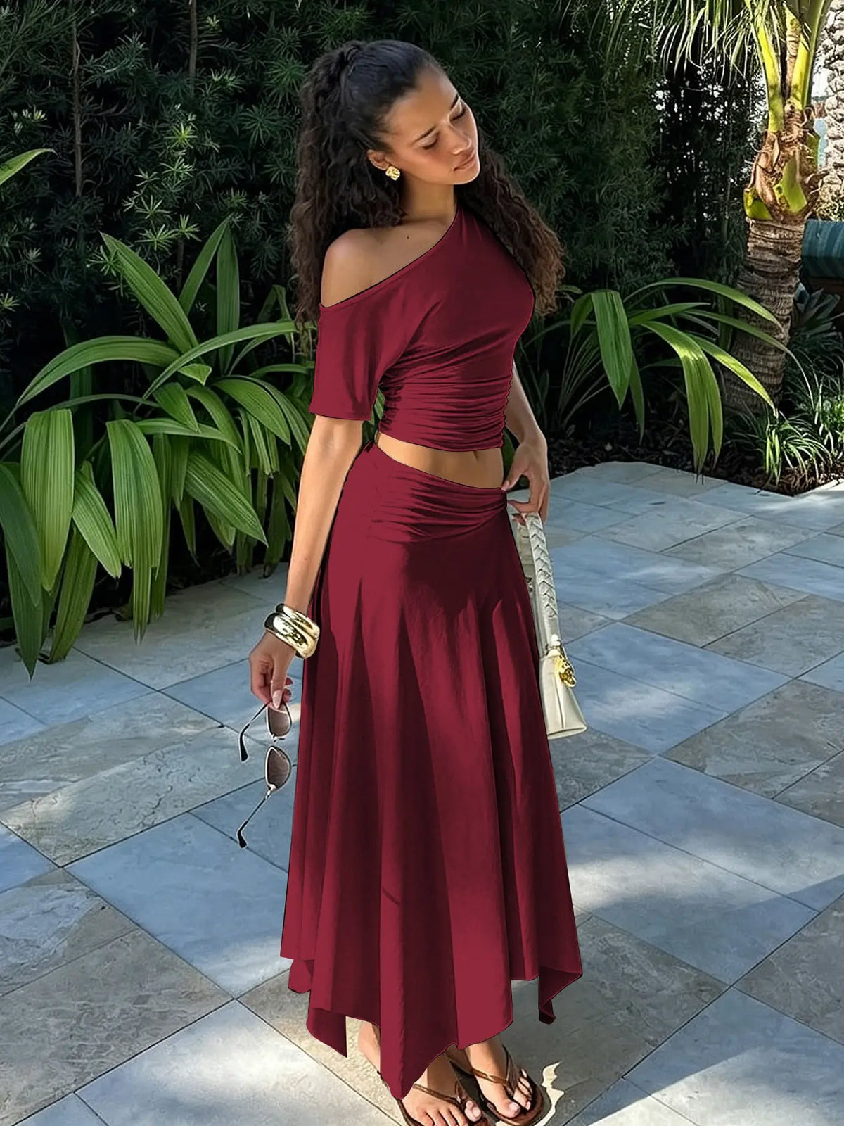 One-Shoulder Ruched Top & Bodycon Skirt Set – Sexy Two-Piece Party Outfit