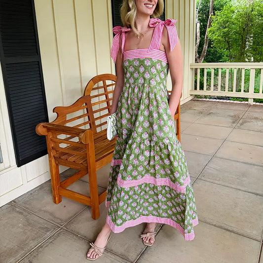 Boho Floral Tiered Maxi Dress – Flowy Sleeveless Sundress with Pockets