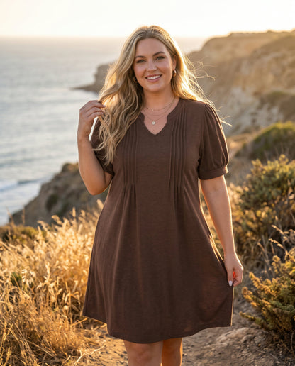 V-Neck Bubble Sleeve A-Line Dress – Casual Summer Sundress