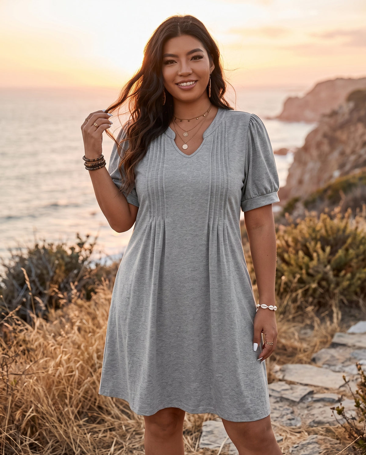 V-Neck Bubble Sleeve A-Line Dress – Casual Summer Sundress