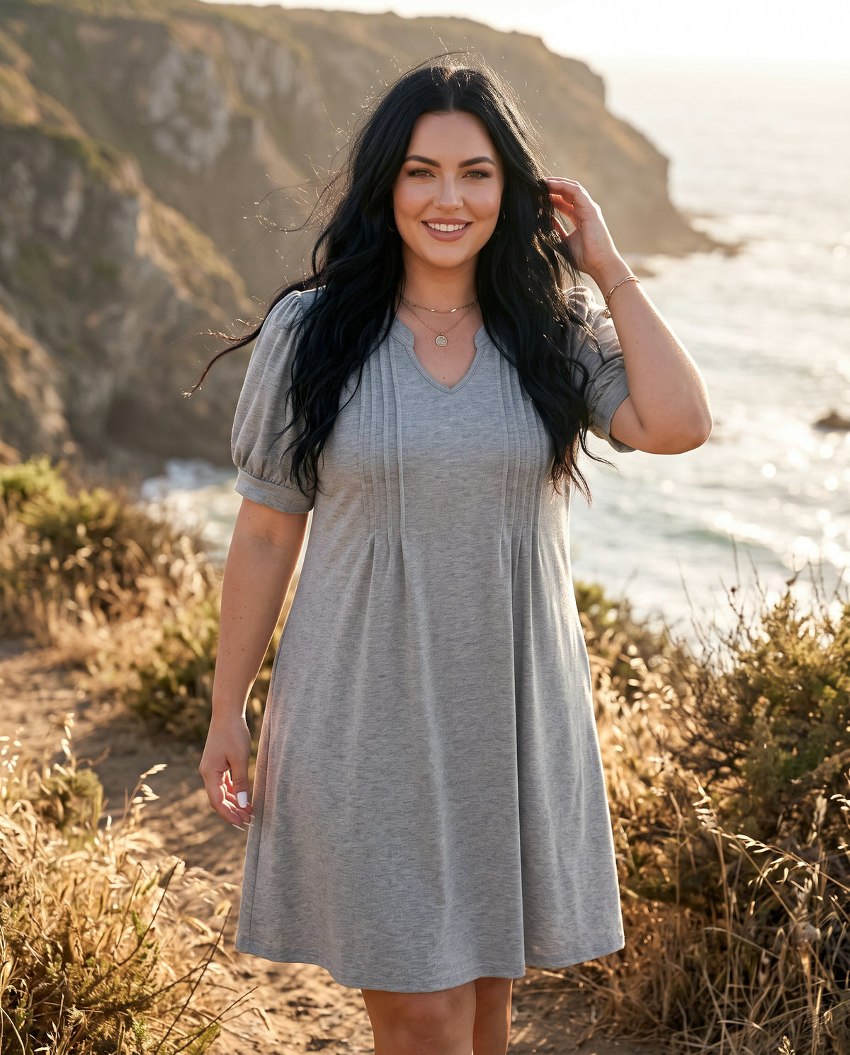 V-Neck Bubble Sleeve A-Line Dress – Casual Summer Sundress