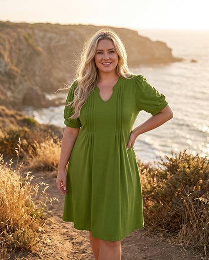 V-Neck Bubble Sleeve A-Line Dress – Casual Summer Sundress