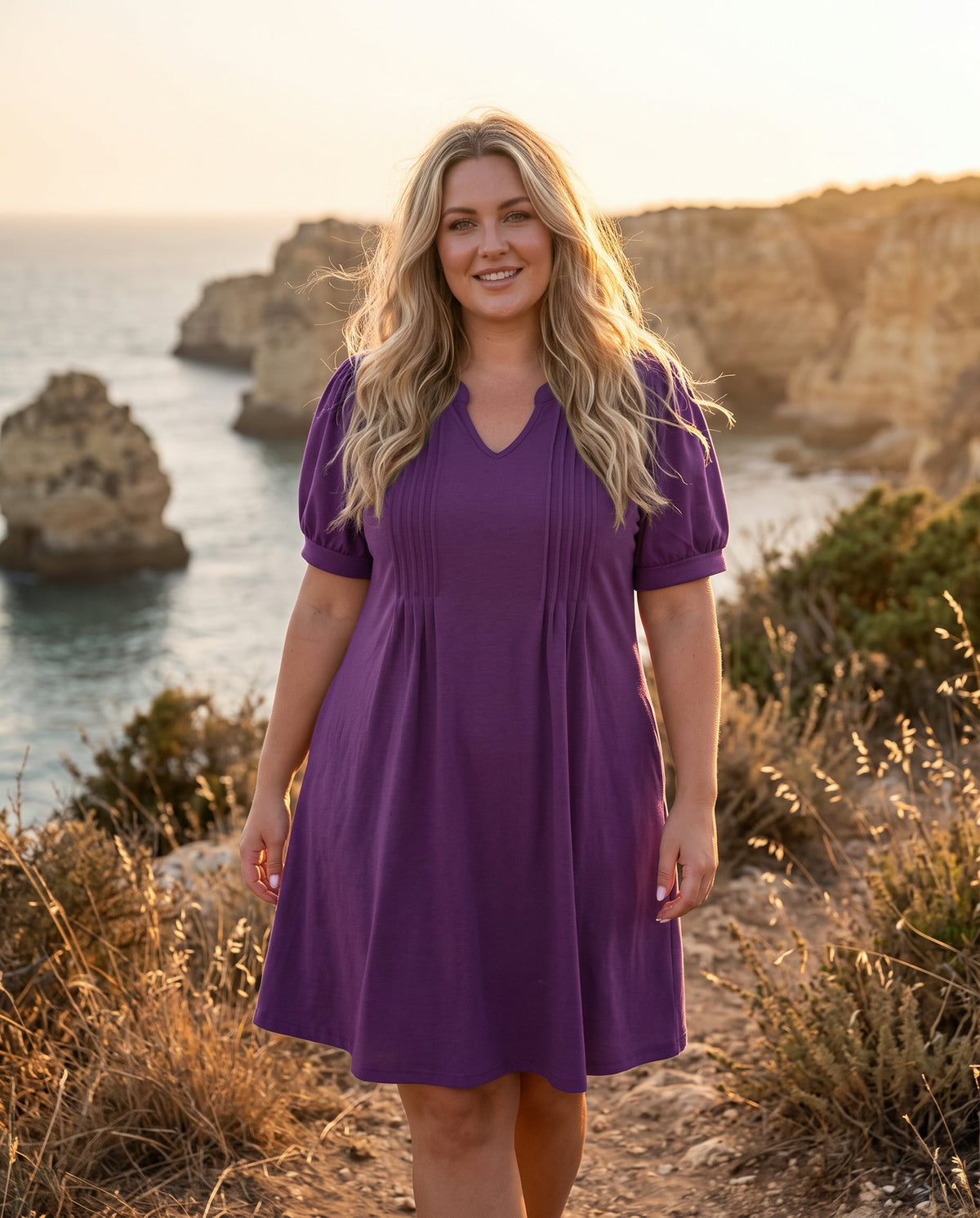 V-Neck Bubble Sleeve A-Line Dress – Casual Summer Sundress