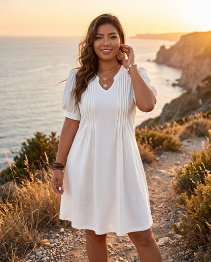 V-Neck Bubble Sleeve A-Line Dress – Casual Summer Sundress