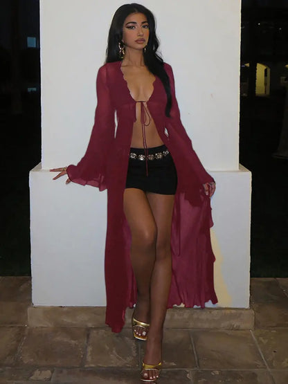 Sheer Mesh Long Cardigan – Ruffle Trim Tie-Front Cover-Up