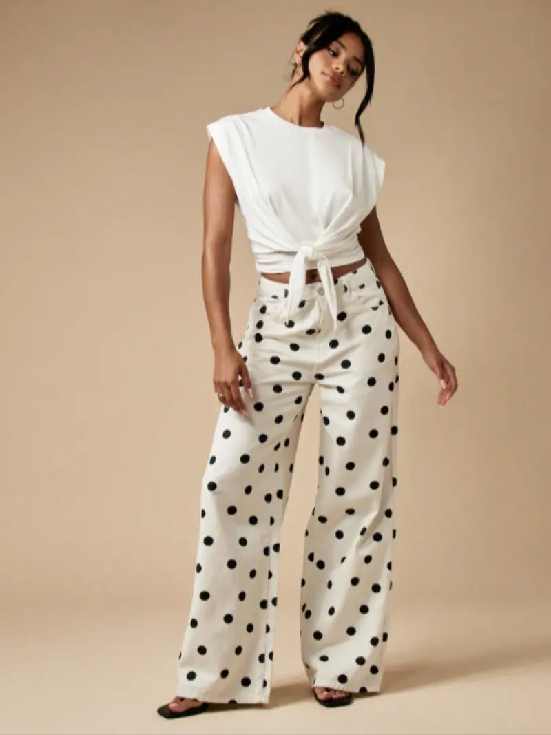 Abstract Polka Dot Wide Leg Pants – High Waist Bohemian Trousers with Pockets