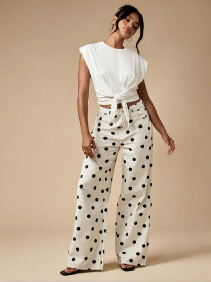 Abstract Polka Dot Wide Leg Pants – High Waist Bohemian Trousers with Pockets