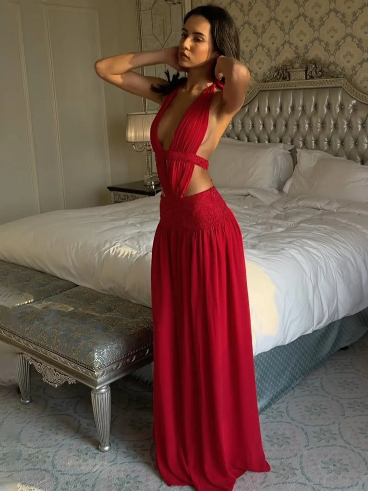 Deep V-Neck Halter Bodycon Dress – Backless Ruched Party Dress