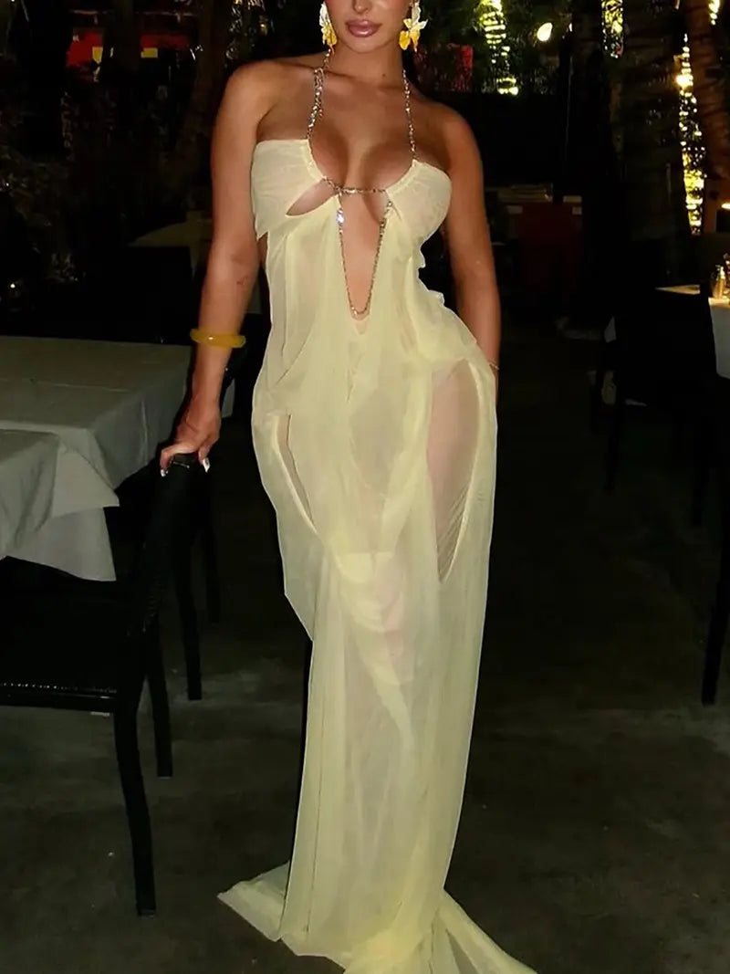 Mesh Patchwork Backless Maxi Dress – Halter Neck Cut-Out Party Dress