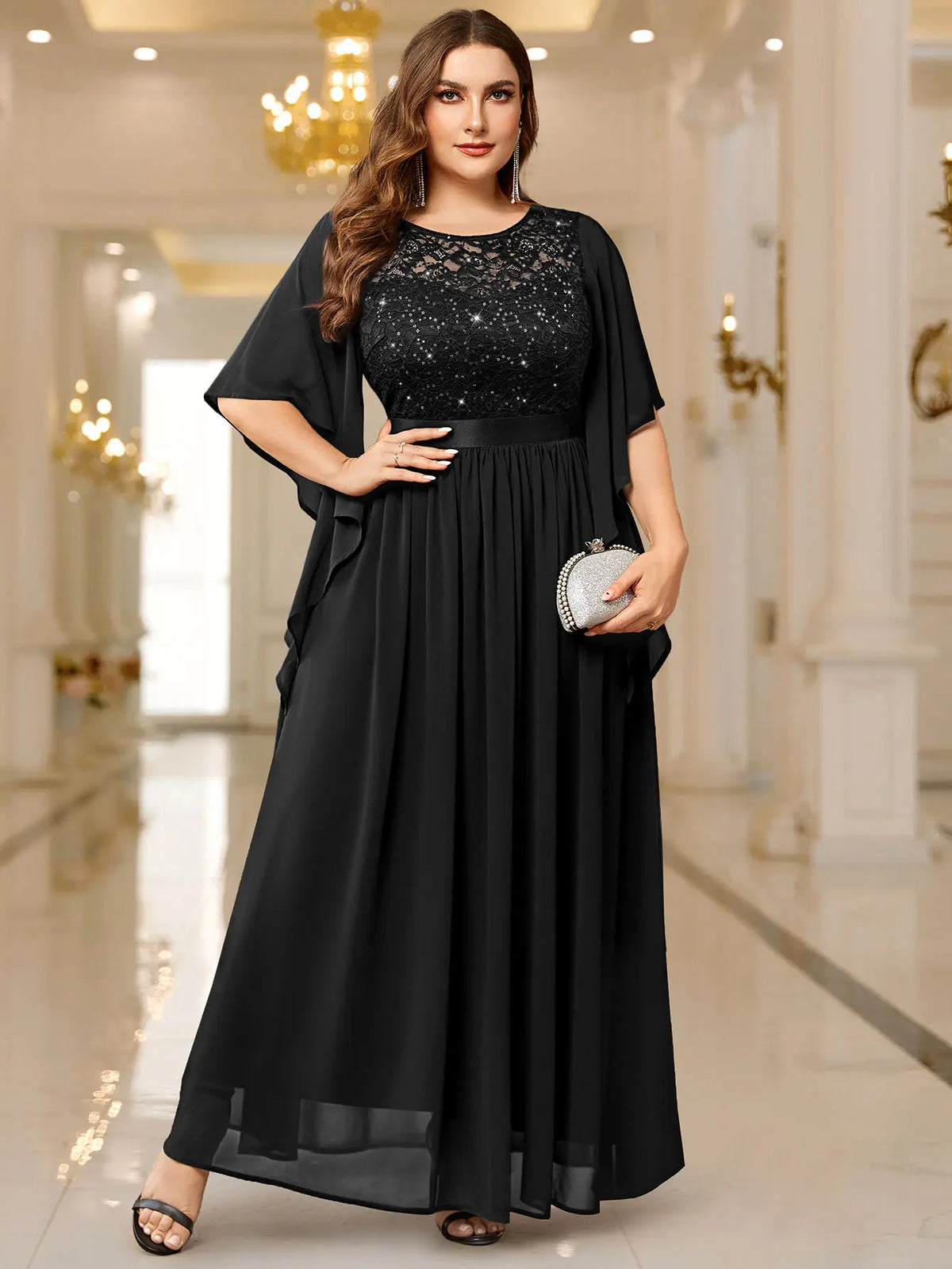Sequin Lace Flared Sleeve Chiffon Maxi Gown – Elegant Formal Evening Dress